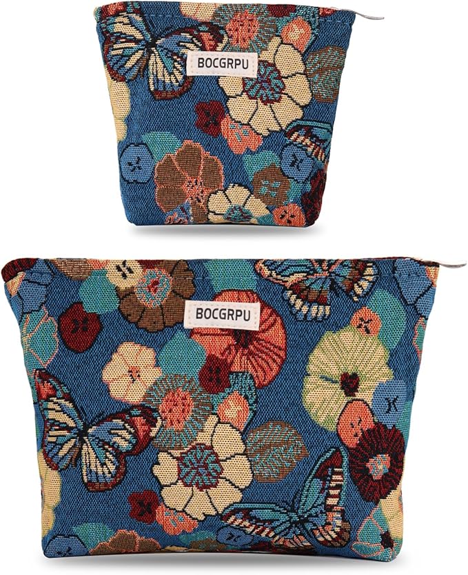 2 PCS Makeup Bag Set，Portable Small Cosmetic Bag for Purse ，Large Storage Capacity Toiletry Bag Organizer，Travel Pouch with Zipper for Women, (Flower Garden Blue)