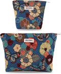 2 PCS Makeup Bag Set，Portable Small Cosmetic Bag for Purse ，Large Storage Capacity Toiletry Bag Organizer，Travel Pouch with Zipper for Women, (Flower Garden Blue)