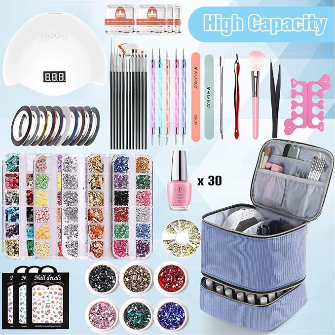 Corduroy Nail Polish Organizer and Nail Lamp Case, Nail Kit Organizer Holds 30 Bottles (15ml - 0.5 fl.oz) and a Nail Lamp, Nail Polish Carrying Case with Manicure Tools Storage Sections (Blue)