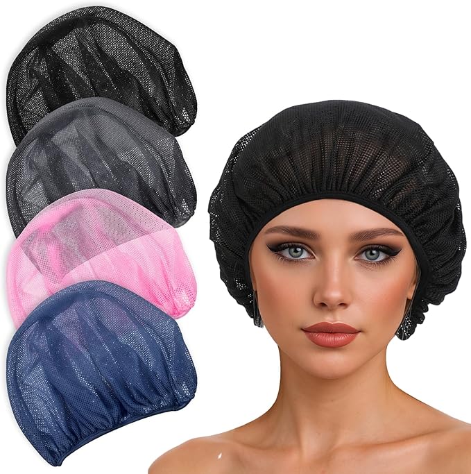 4pcs Mesh Hair Net for Sleeping, Net Plopping Cap for Drying Curly Hair, Curly Hair Drying Cap for Women Sleeping Dry Hairs, Kitchen Home Use (Black, Navy, Dark Blue, Gray)