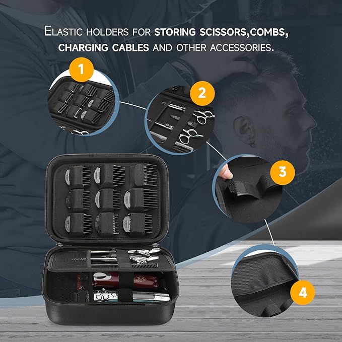MOSLA Hard Barber Accessories Case for Hair Clippers, Mens Hair Cutting Barber Supplies Holder Organizer Storage Bag for Hair Cutting, Guard Grooming Kit (PU Black)