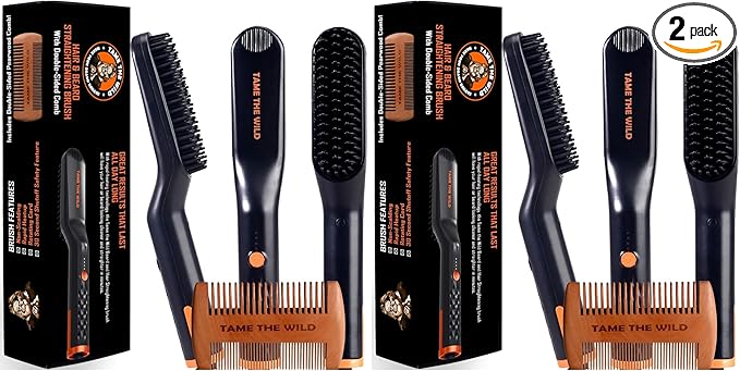 TAME The Wild Beard Brush and Beard Straightener for Men - Ionic Heated Comb with 3 Adjustable Temps - Wooden Beard Comb for Grooming - Anti-Scald Safety - for All Hair Types (Pack of 2)