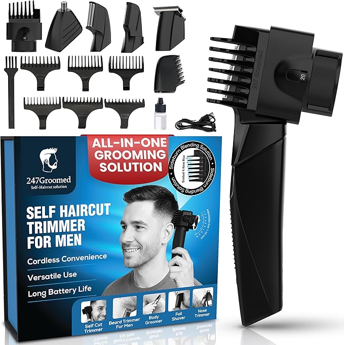 Self Haircut Kit for Men – Electric Hair Trimmer for Men with Beard and Nose Trimmer, Foil Shaver, Safety Guard, Charging Cable, Oil and Brush – Complete Body Hair Grooming Set