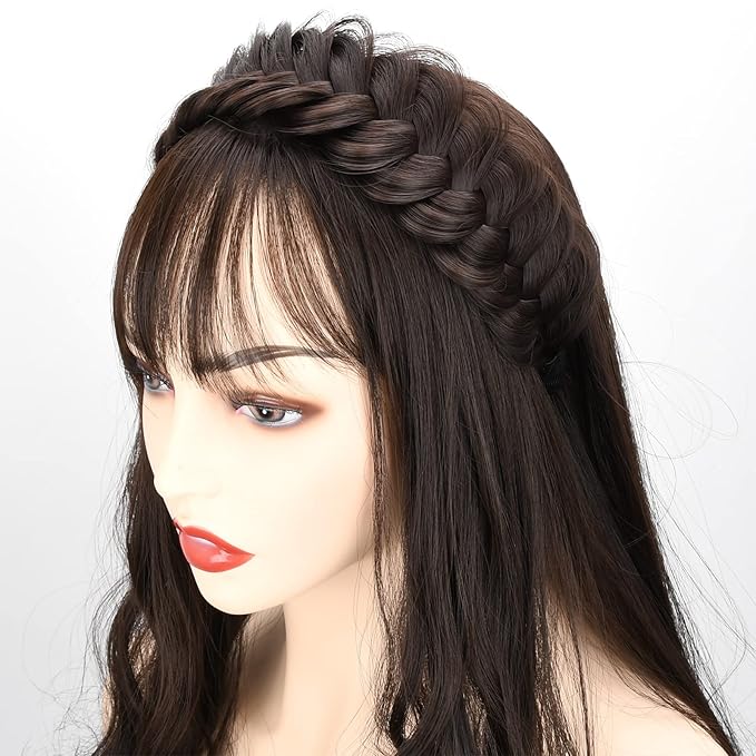DIGUAN Wide Messy Braided Headband With Teeth Synthetic Hair Plaited Headband High Elasticity Braids Chunky Fishtail Braided Hair Band Hairpiece for Girls Women (Claybank)