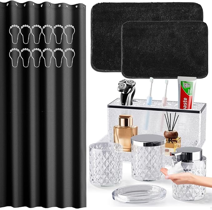 Bathroom Accessories Set - 20PCS Glass Bathroom Set with Shower Curtain and Rugs, Soap Dispenser, Soap Dish, Cup, Qtip Jar, Toothbrush Holder, Stylish & Functional Bath Decor for Home, Apartment
