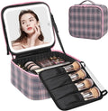 Relavel Travel Makeup Bag With LED Mirror, Portable Cosmetic Organizer Bag with Adjustable Brightness in 3 Color Scenarios, Small Train Case with Detachable Dividers for Trip- Grey Strip