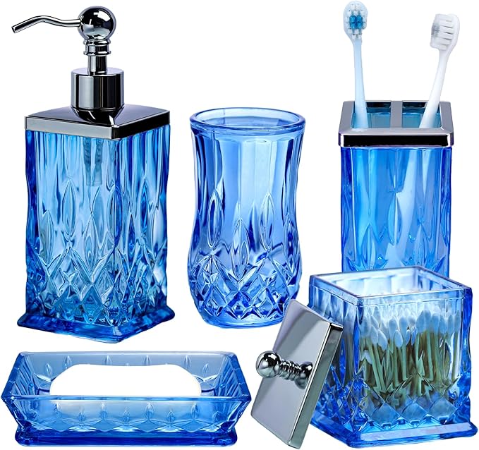 Bathroom Accessories Set,5 Pcs Blue Glass Bathroom Accessory Set,Complete Lotion Soap Dispenser, Toothbrush Holder,Soap Dish,Tumbler & Jar,Modern Bathroom Decor Sets Gift,Square