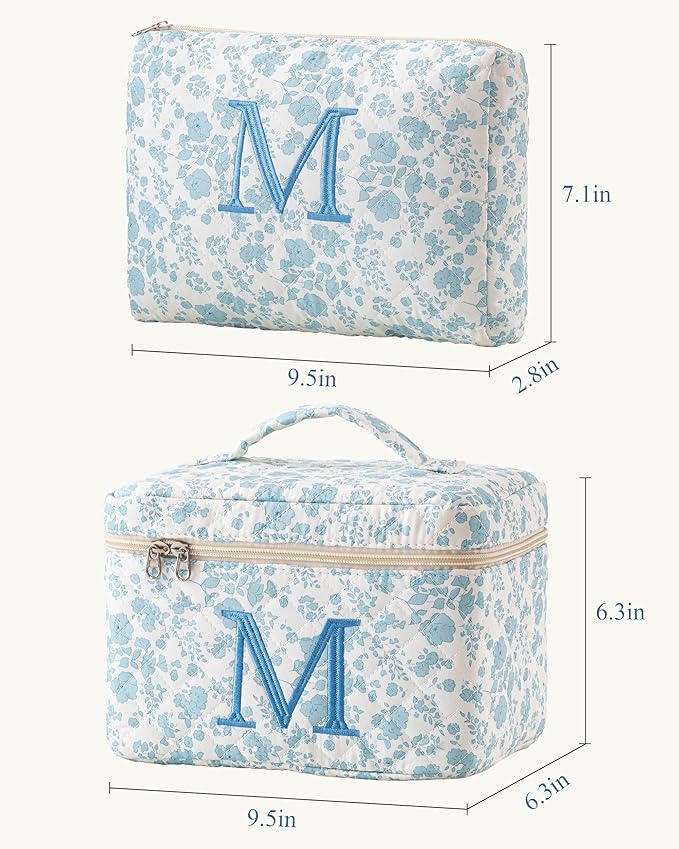HBselect 2Pcs Initial Quilted Cotton Large Travel Cute Floral Coquette Makeup Bag Cosmetic Toiletry Bag for Women Girls