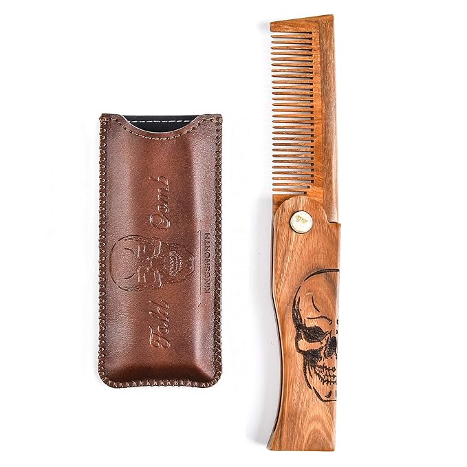 Men's Pocket Folding Wooden Beard Comb with Leather Travel Case,Green Sandalwood Hair Combs Set for Men (Skeleton)
