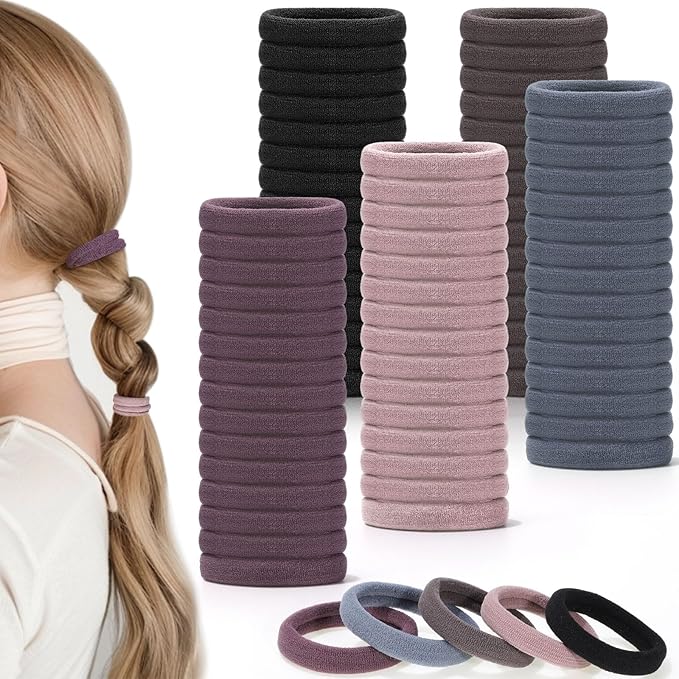 obeoby 100PCS Hair Ties for Thick Hair, Seamless Nylon Elastic Ponytail Holders, Bulk Black Hair Bands & Elastics for Women Girls