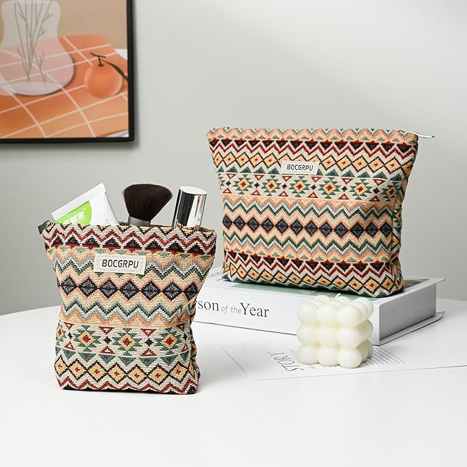 2 PCS Makeup Bag Set，Portable Small Cosmetic Bag for Purse ，Large Storage Capacity Toiletry Bag Organizer，Travel Pouch with Zipper for Women, (Bohemian Style)