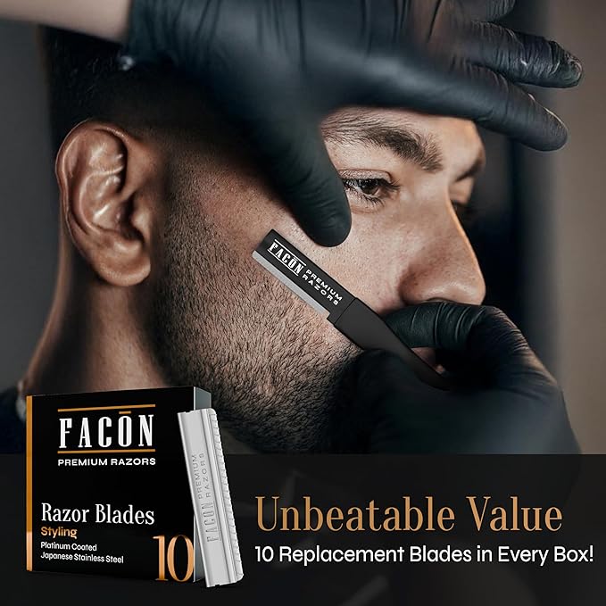 Facón Beard Razor for Men - Professional Beard Shaping Tool Grooming Kit with 11 Replacement Blades, Mustache Shaper, Edger & Lineup, Premium Precision Straight Edge Razor 100% Stainless Steel Blade