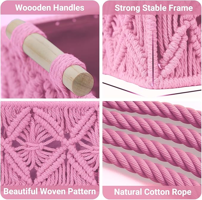 Nonam Macrame Storage Baskets, Boho Decor Style Woven Storage Boxes for Home Organization, Toilet Tank Shelf Cabinet Organizer Baskets,Set of 2,Rectangle,Pink