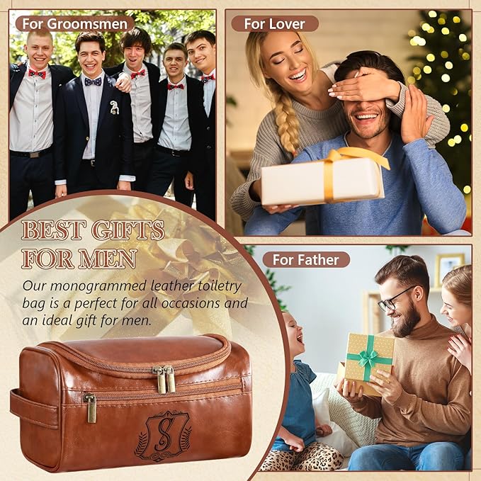 Sadnyy Personalized Leather Toiletry Bag for Men Initial Travel Bag with Hook Monogrammed Toiletry Pouch Leather Travel Bathroom Kit with Side Handle for Him Dad Husband Anniversary Birthday Gifts(S)