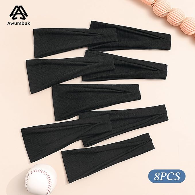 Headbands for Women, 8 Pack Non-Slip Moisture Wicking Sports Wide Head Bands, Stretchy Elastic Fabric, Multiple Colors Securing Hair for Fashion, Sports, Yoga, Running, Daily Life