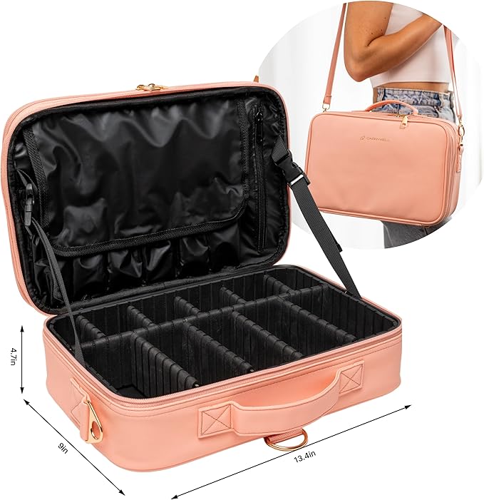 Carrywell Makeup Bag Travel Case, Not-Made In China, Hard Train Case for Cosmetics, Portable Beauty Artists Organizer, Storage Box With Adjustable Dividers For Make Up and Brushes, Medium Pink