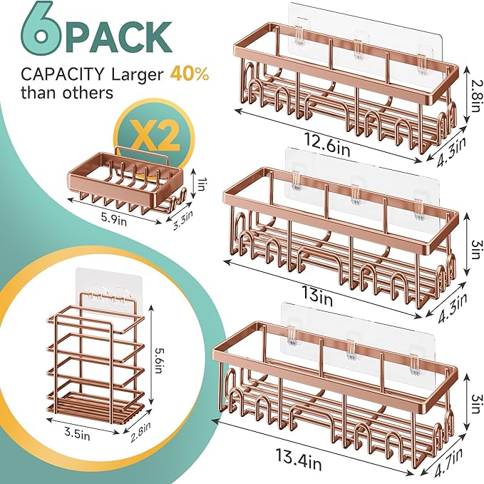 Veken Shower Caddy 6-Pack, No Drilling & Rustproof, Waterproof Adhesive Shelves Rack with Soap Holder, Large Capacity Bathroom Organizers and Storage, Wall-Mounted Kitchen & Home Decor, Rose Gold