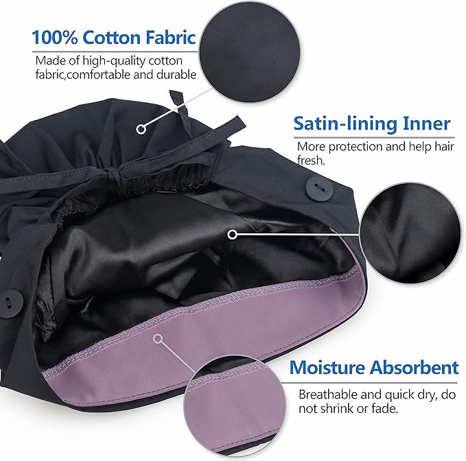 QBA Adjustable Working Cap with Button, Satin-Lined Hat, Cotton Working Hat Sweatband, Elastic Tie Back Hats Unisex