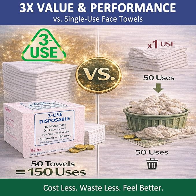 3D Nonwoven Face Towels-XL 13”x10”, 50Cts=150 Uses, Cut Waste & Cost 70%, Ultra-Clean, Soft & Durable, Dual-Surface: Cleanse, Exfoliate, Includes Wash Bag & Hook