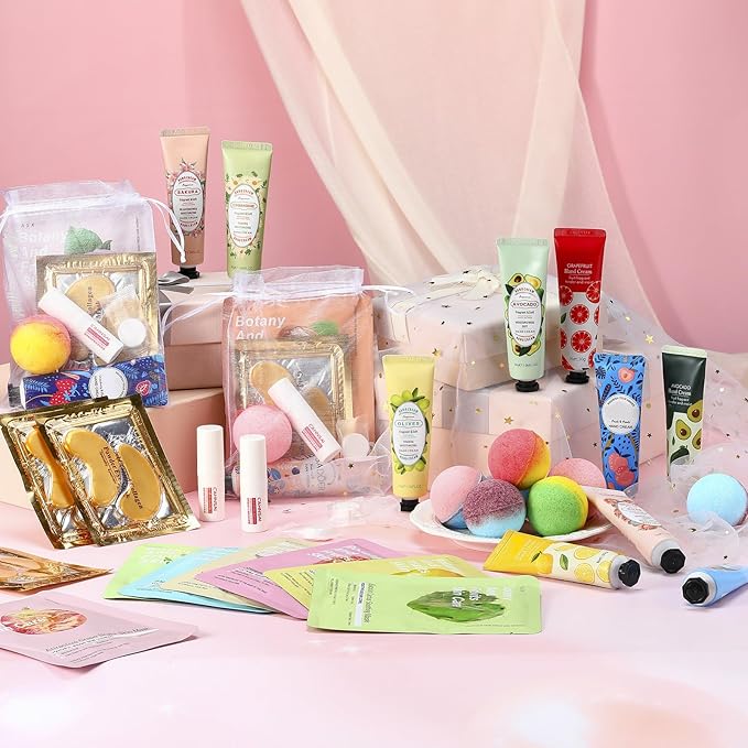 84 Pcs Spa Themed Party Supplies Facial Masks Patches Lip Balm Hand Cream Bombs Compressed Towel Organza Bags Spa Birthday and Sleepover Favors Galentines Day Gift for Women Most Skin Type