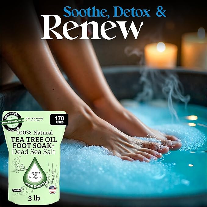 Aromasong Tea Tree Foot Soak with Magnesium Flakes and Dead Sea Foot Soaking Salts - Pedicure Tea Tree oil foot Soak for Dry Cracked Feet-Athlete's Callus Remover- Eliminates Odor- Packaging may vary