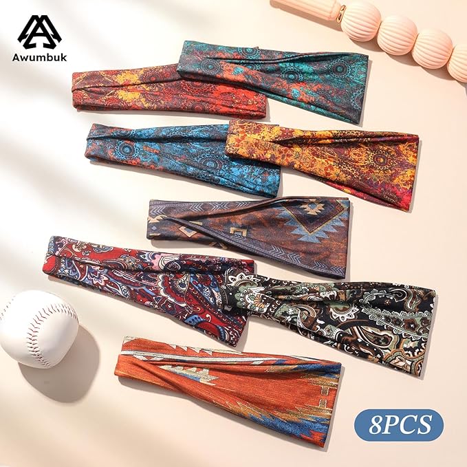 Headbands for Women, 8 Pack Non-Slip Moisture Wicking Sports Wide Head Bands, Stretchy Elastic Fabric, Multiple Colors Securing Hair for Fashion, Sports, Yoga, Running, Daily Life
