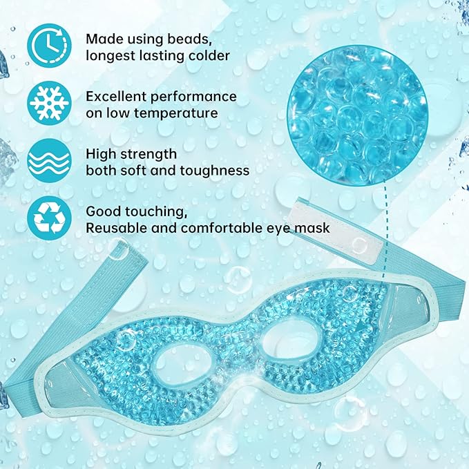 2 PCS Ice Eye Mask Reusable Ice Pack Hot/Cold Compress Gel Cooling Mask for Puffiness/Dark Circles/Headaches/Migraines/Stress Relief (Blue)
