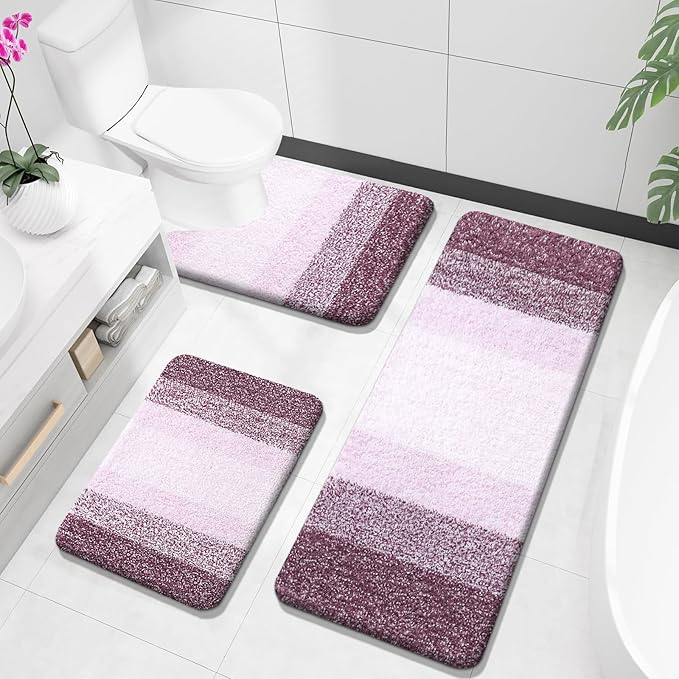 OLANLY Bathroom Rugs Sets 3 Piece, Soft Absorbent Microfiber Bath Mats and U-Shaped Contour Toilet Rug, Plush Shaggy Bath Mat Set for Bathroom (47"x20"+24"x16"+24"x20", Mauve)