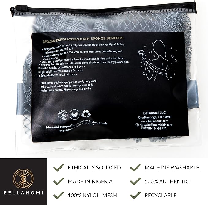 BELLANOMI African Exfoliating Net Sponge, Authentic, Ethically sourced from Nigeria, 45 inches Long, Back Scrubber for Daily use (Slate)
