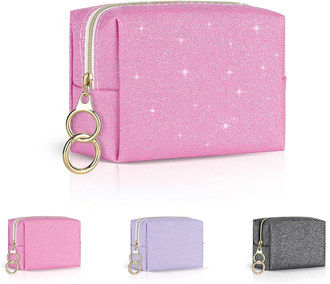 Mini Makeup Bag, Small Glitter Cosmetic Bag for Purse with Ring Buckle, Portable XS Travel Makeup Pouch for Girls Women Daily Use (Pink)