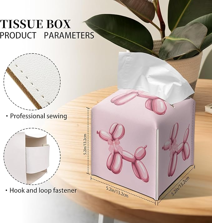 Grace Yonks Cute Tissue Box Cover Square - Pink Balloon Dog & Bow Design 5.2" PU Leather Holder for Vanity, Desk, or Bathroom Counter - Cube Case for Facial Tissues(011)