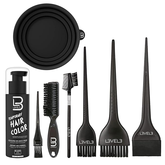 Level 3 Temporary Hair Color, Tint Brush Set & Black Tint Bowl Kit - Use for Mixing, Dying, and All Coloring Needs - For Black Hair Beards - Full Beard in Minutes - Easy to Apply