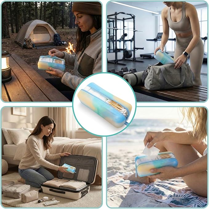 Cotton Pad Swab Travel Case – 2-in-1 Portable Waterproof Qtips Dispenser for Cotton Square Pad & Qtip, Floss, Bobbi Pin, Nail Kit, Hair Accessories Organizer TSA Compliance – VISFRESH (Ocean Breeze)