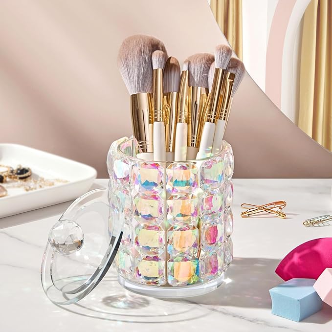Bathroom Organizers and Storage, Crystal Qtip Holder, Makeup Brush Organizer, Bling Vanity Storage, Bathroom Essentials Accessories Decor for Cotton Balls, Swabs, Floss Picks, Hair Ties.Brushes