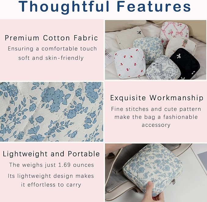 Small Quilted Cosmetic Pouch for Purse, Mini Cotton Makeup Bag with Compartments, Cute Zipper Lipstick Holder for Women (07LightBlue Flower)