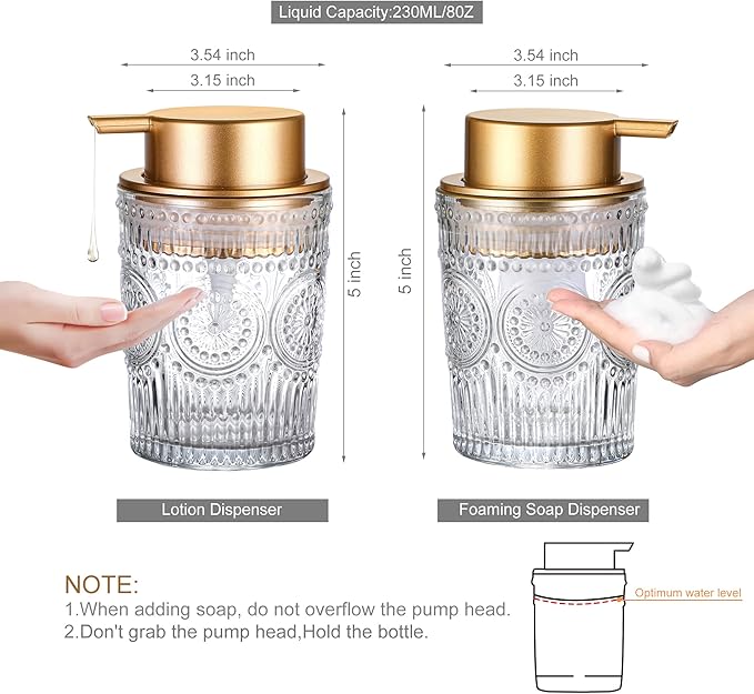 8 Oz Glass Dish Soap Dispenser, Clear Hand Liquid Bottle with Gold Plastic Pump, Refillable Round Dish Lotion Dispensing for Kitchen Sink & Bathroom Counter