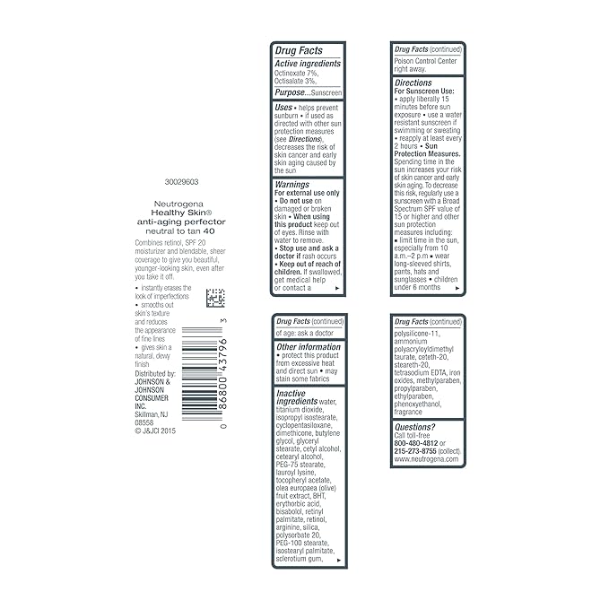 Neutrogena Healthy Skin Anti-Aging Perfector - with Retinol, Tinted Moisturizer with SPF 20 & Sheer Coverage that Smooths Skin Texture & Reduces the Look of Fine Lines, Natural to Tan (40), 1oz (30mL)