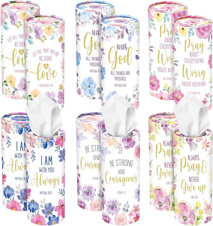 Outus 12 Pcs Floral Christian Car Tissues Cylinder Holder with 3 Ply Facial Tissue Bulk Inspirational Bible Verse Tissue Holder Flower Religious Travel Tissues Boxes Container for Car Cup Home Office