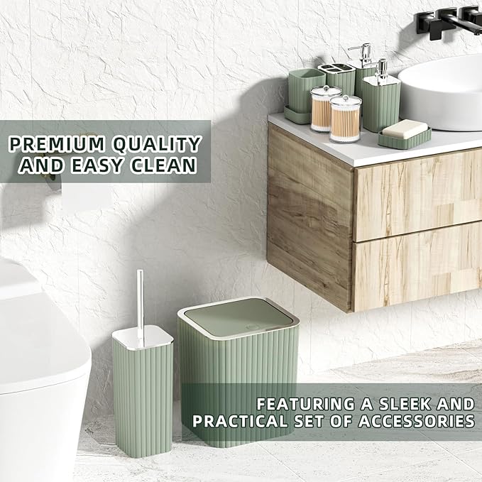 Bathroom Accessories Set - 25PC Sage Bathroom Set, Bathroom Set with Shower Curtain and Rugs, Sage Green Shower Curtain Set, Bathroom Accessory Set, Trash Can & Soap Dispenser