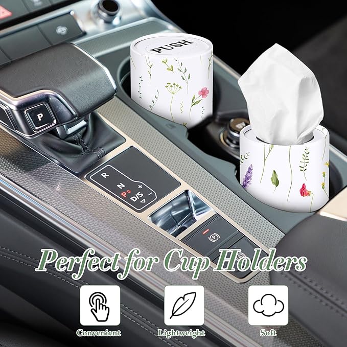 Outus 12 Pcs Floral Car Tissue Holder Cylinders with 3 Ply Facial Tissue Bulk, Portable Paper Dispenser for Cup Holder, Travel Bathroom Table Decor, Tissues Boxes Container for Home Office Party