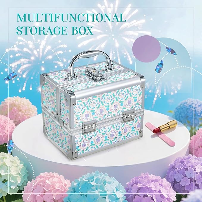 Joligrace Makeup Case for Girls Cosmetic Train Case Makeup Storage Box Jewelry Organizer Hair Accessories Lockable with Trays & Mirror Blue