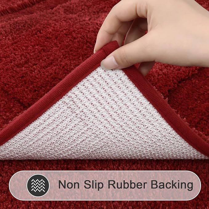 SHACOS Red Bathroom Rugs Sets 2 Piece 32x20 + 47x20 inch, Microfiber Non Slip Bath Mats for Bathroom Floor, Soft Fluffy Absorbent Bath Rugs Set of 2