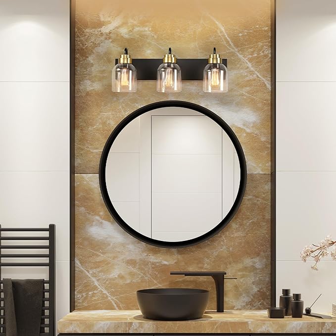 Globe Electric 63000200 22" 3-Light Vanity Light, Matte Black, Matte Brass Accents, Glass Shades, Beauty Room Accessories, Lights for Bathroom, Powder Room Lighting, Bathroom Lights Over Mirror