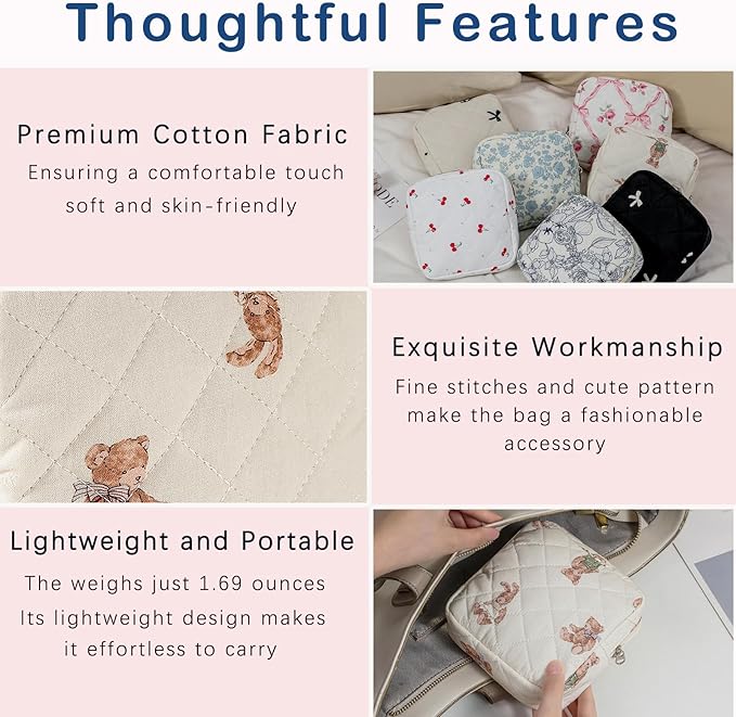 Small Quilted Cosmetic Pouch for Purse, Mini Cotton Makeup Bag with Compartments, Cute Zipper Lipstick Holder for Women (01Bear)