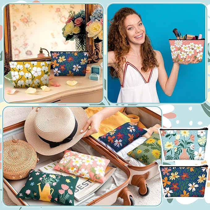 Sweetude 12 Pcs Spring Flowers Makeup Bag Bulk Portable Travel Cosmetic Bags with Zipper Simple Floral Waterproof Roomy Travel Beauty Toiletry Organizer Storage Pouch for Women Spring Gifts