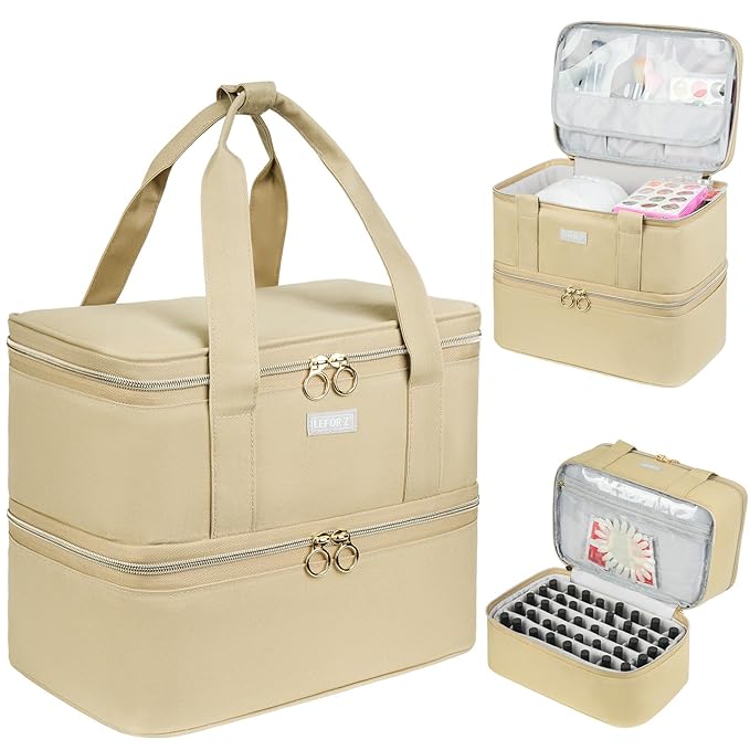 Nail Polish Organizer and Storage,Double-Layer Nail Supplies Carrying Case Bag for 40 Bottles (15ml-0.5 fl.oz) and a Lamp,Portable Nails Polish Holder for Nails Supplies,Khaki