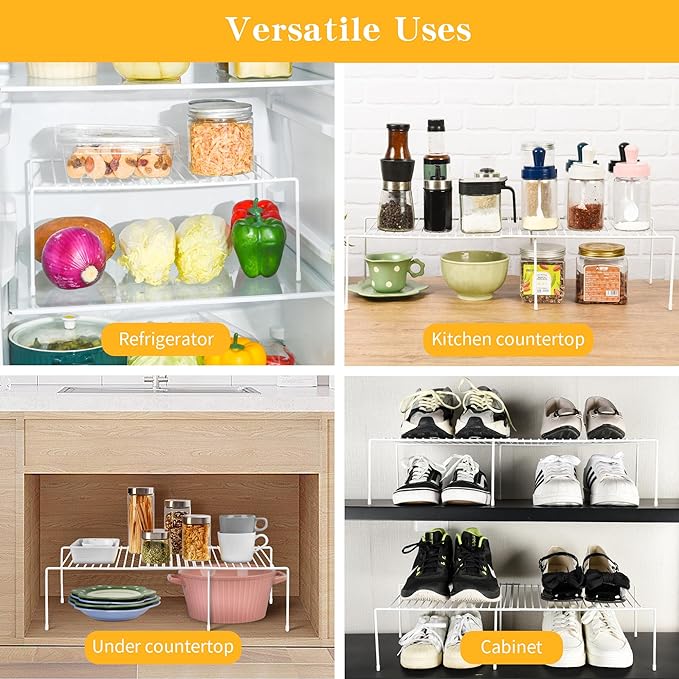 AmaQueen 2 Pcs Expandable Shelf Organizers for Cabinet Closet Cupboard, Adjustable Fridge Shelves Freezer Rack Refrigerator Single Shelf, Extender Plate Shelf for Kitchen (White)