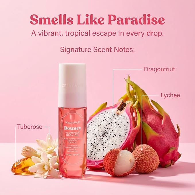 NATURE WELL Bouncy Plumping Body Oil, Fast-Absorbing Formula Designed to Support Skin Elasticity, Smoothness, & Bounce, Scented with Tuberose, Dragonfruit, Lychee & Golden Amber, 3.4 Oz