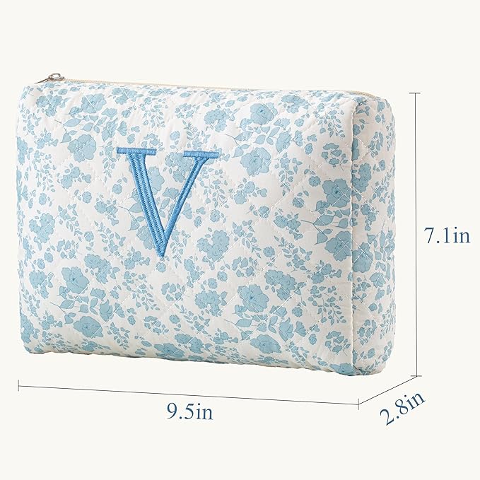 HBselect Initial Quilted Makeup Bag, Cotton Large Travel Makeup Bag, Cute Floral Coquette Make up Bag Cosmetic Bag Toiletry Bag for Women Girls V