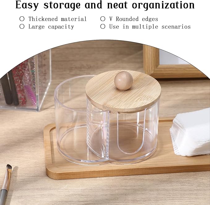 Cotton Round Holder, Dual Compartment Qtip Dispenser with Removable Dustproof Lid, Clear Plastic Cotton Pad Holder, Countertop Cottons Ball Holders Storage Container